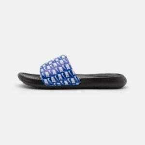 The Nike Victori One slide features a printed logo and a slide style